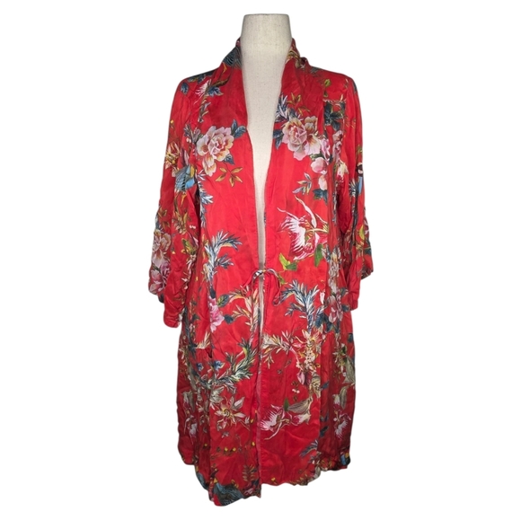 Johnny Was XL Red Floral Crane Kimono Duster Jacket 100% Cupra Rayon Boho Chic - Picture 1 of 6